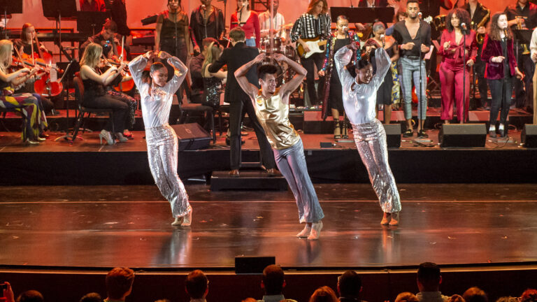 Dancers performing onstage during President Carol L. Folt's inauguration week arts showcase.