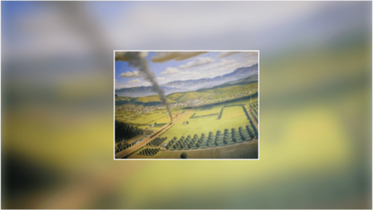 A colored painting of Los Angeles in 1870 - lots of open, green land with mountains in the distance