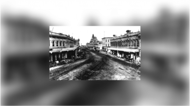 A view of downtown LA in 1884, with large streets and old architecture