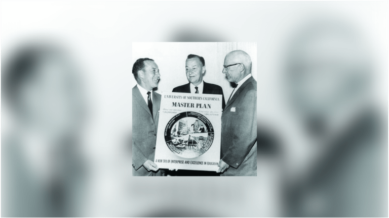 President Topping, USC Board of Trustees chairman Leonard K. Firestone, and Master Plan Committee national chairman H. Leslie Hoffman smiling together