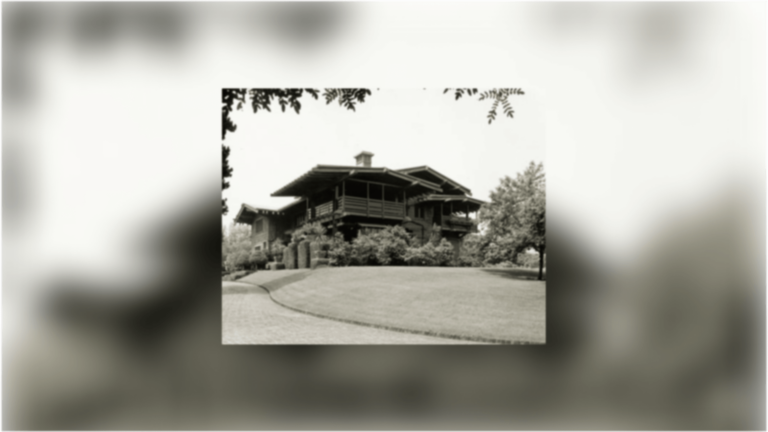 Exterior of the Gamble House, with lots of greenery, large patios, and dark colored wooden architecture