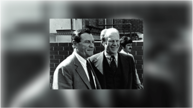 U.S. President Gerald Ford and USC President John R. Hubbard smiling together