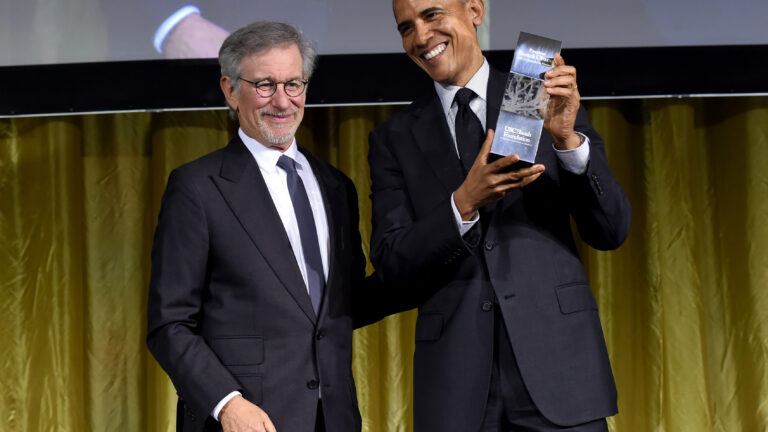 Steven Spielberg and Barack Obama smiling together