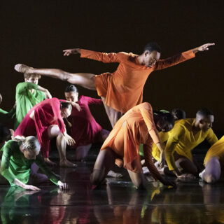Xavier Williams (BFA '25) and BFA students dancing in Leaving by Dani Rowe.
