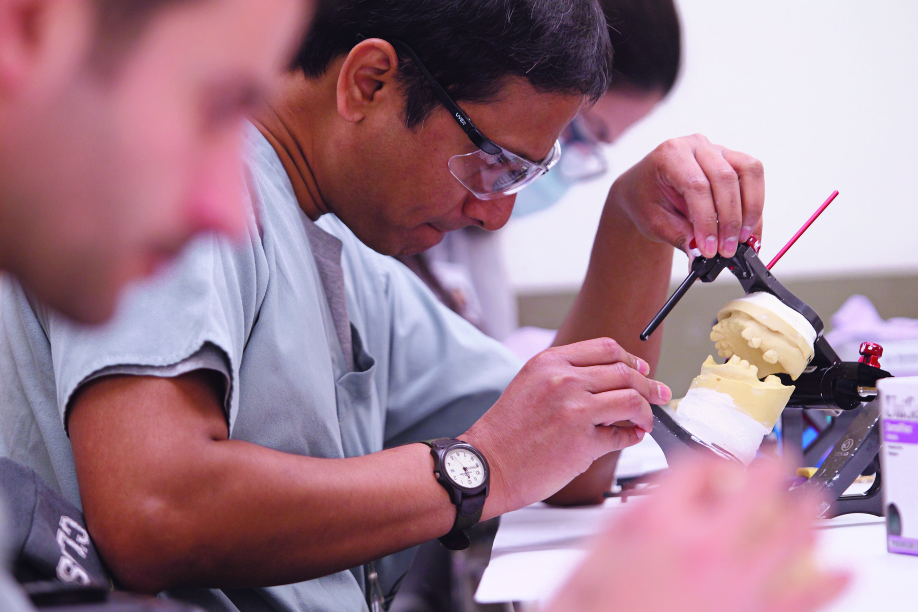 Dentist working on a set of dentures for a patient.