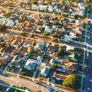 Aerial view of of a residential neighborhood in Hawthorne, in Los Angeles, CA