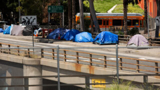 Homeless tents in Los Angeles on an overpass