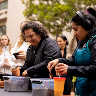 USC staff potting plants at a station