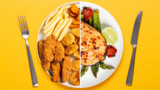 Half plate of healthy food, half plate of unhealthy fried food
